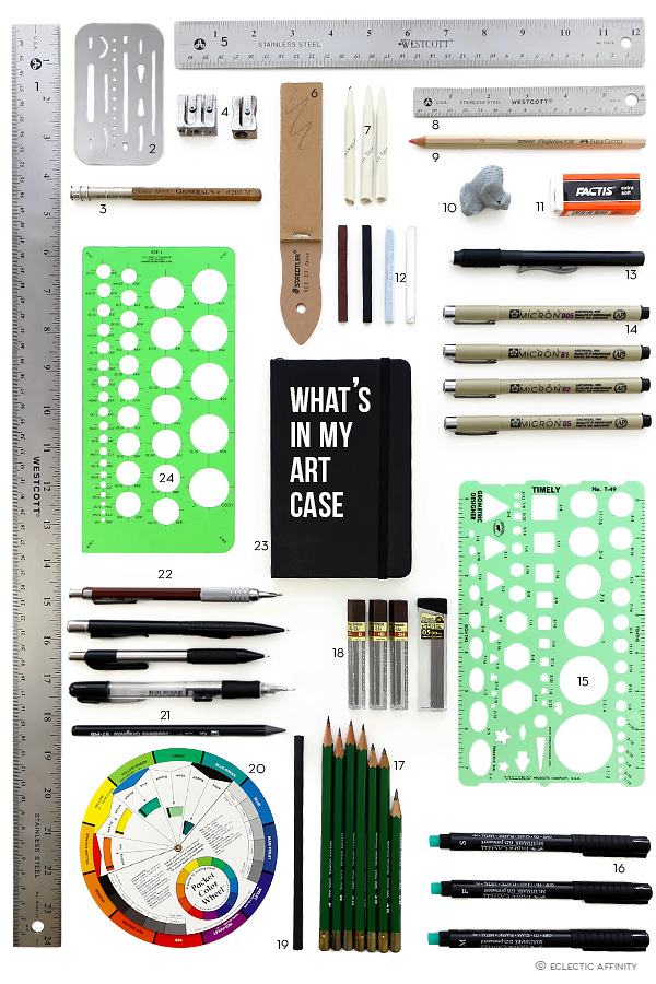 layout of art supplies, pencils, pens, rulers, erasers, etc.