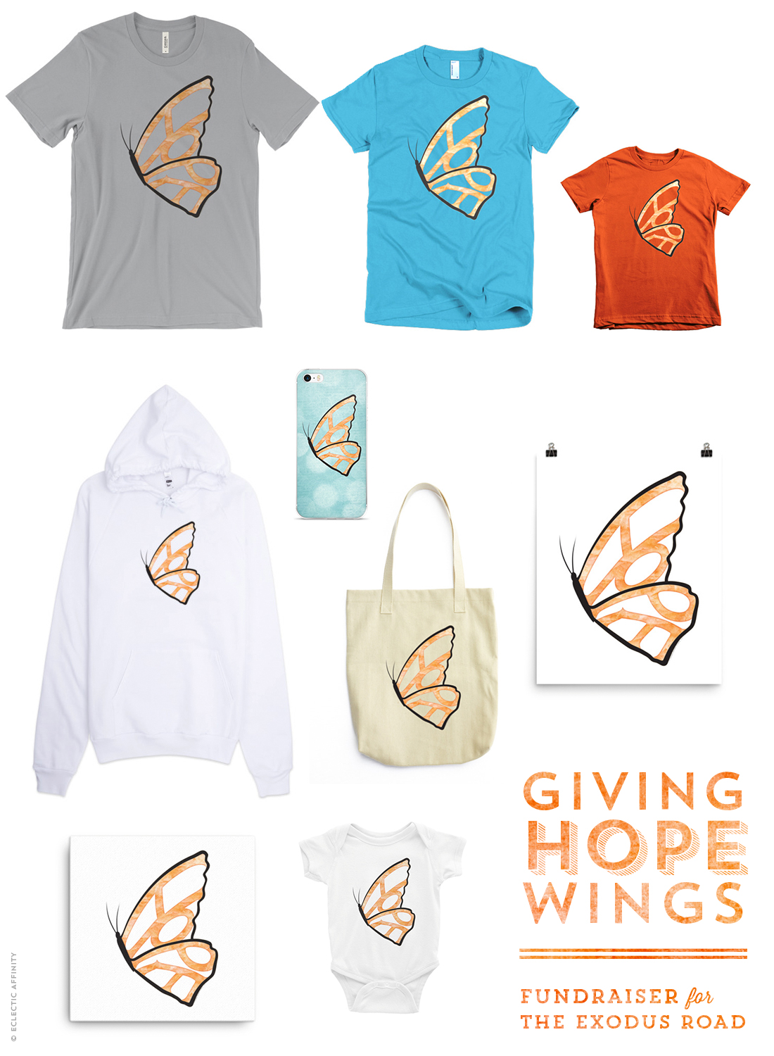 Hope Needs Wings fundraiser for The Exodus Road - products available for sale at Charm Design Studio